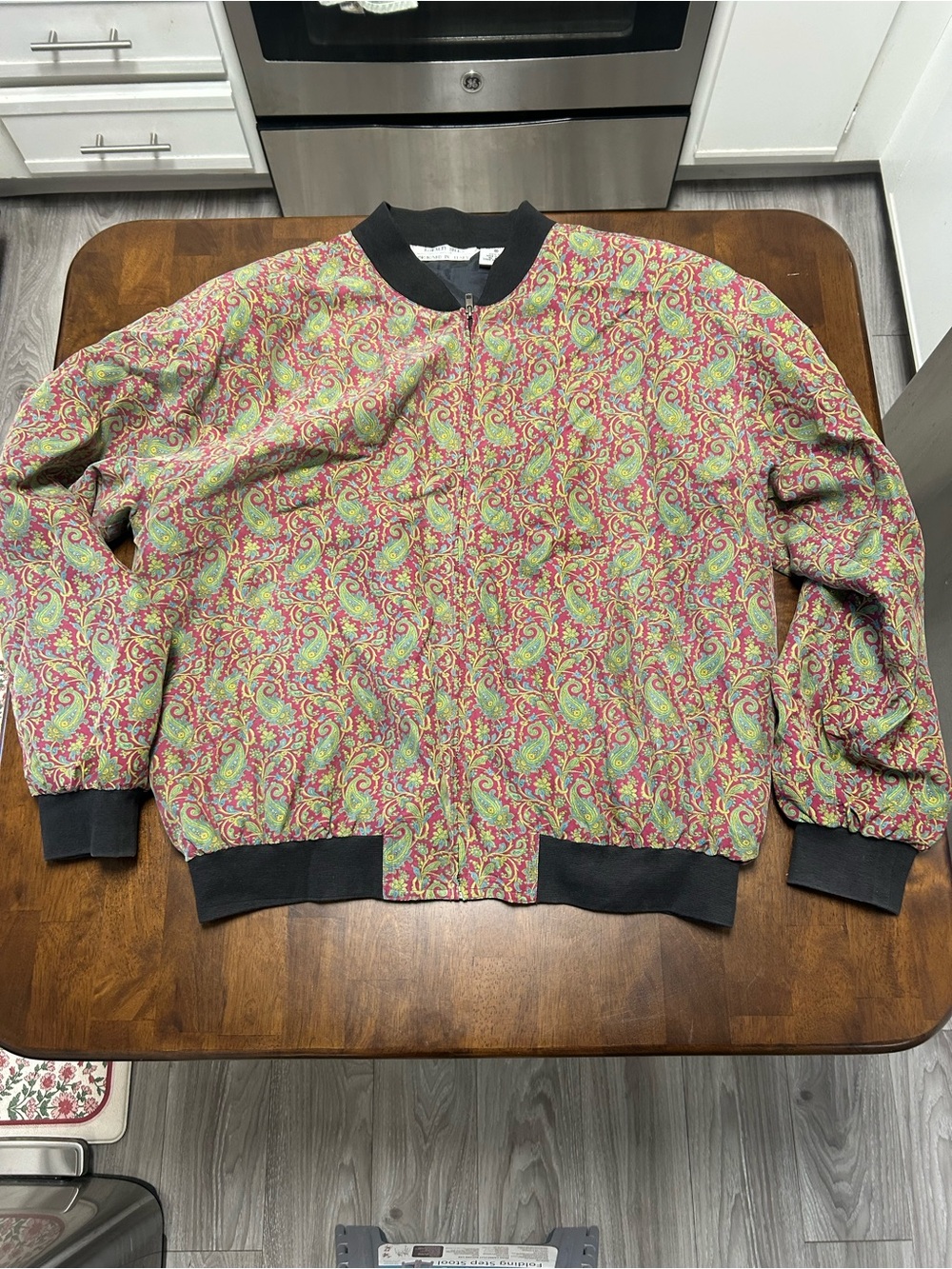 Vintage Silk Full Zip Bomber Jacket in Pink Green and Blue Size M